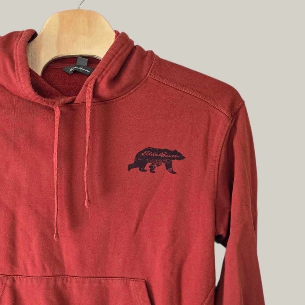 Eddie Bauer Mens XL Red Grizzly Bear Graphic Outdoor Hoodie Pullover Fleece